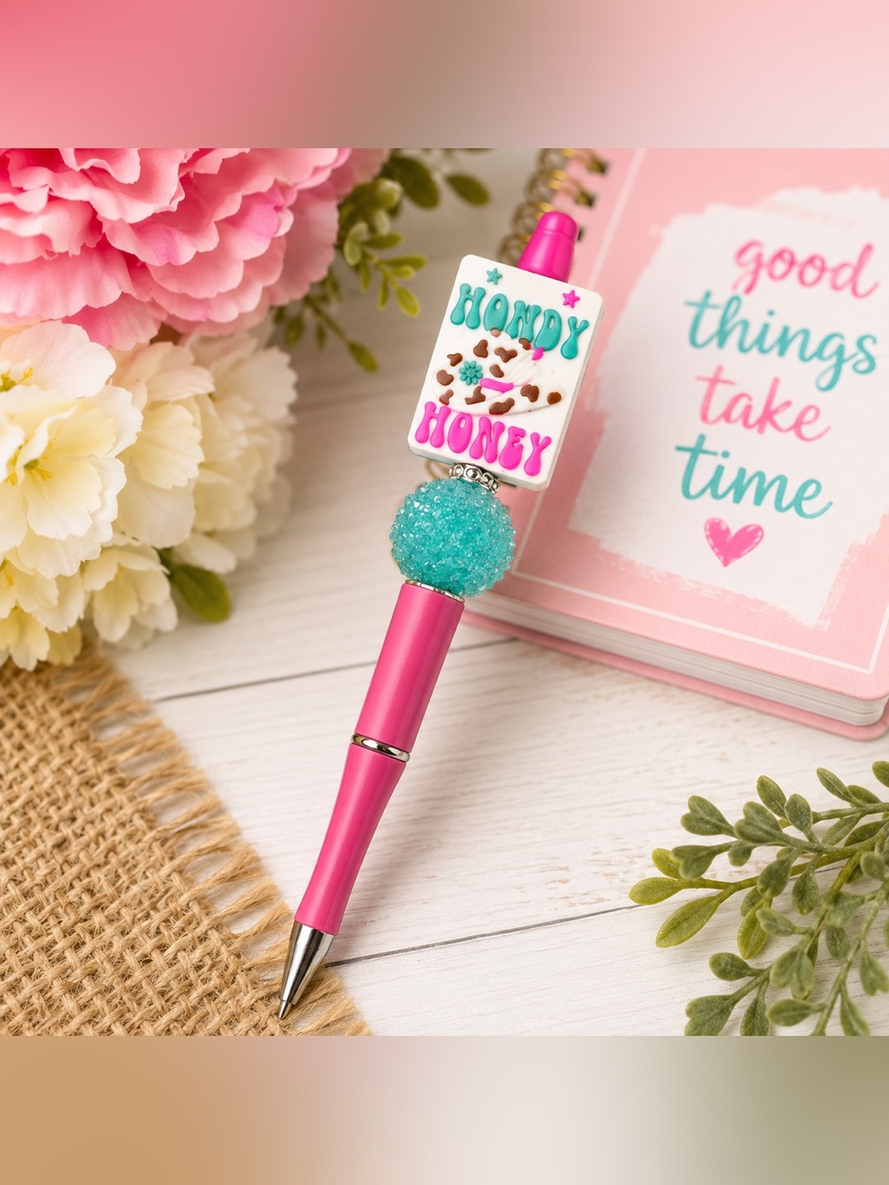 Handy Honey Handmade Beaded Pen | Cute Dessert Pen | Pink Office Accessory